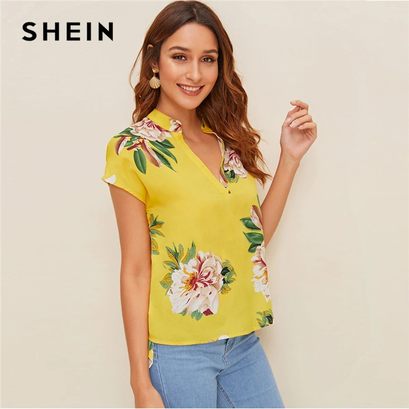 SHEIN модная женская блузка с v-образным вырезом и цветочным принтом, женская летняя Повседневная Блузка в стиле бохо с асимметричным подолом, Женские топы и блузки