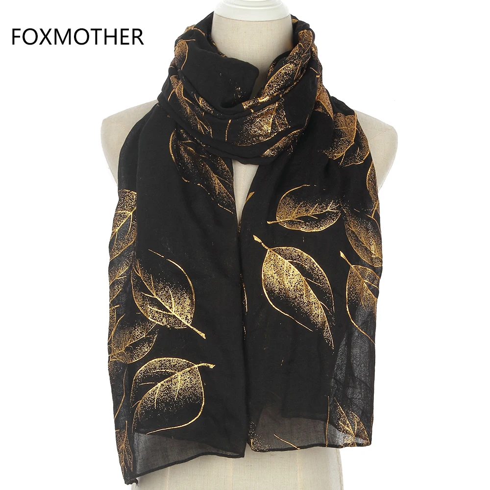Женский длинный хиджаб FOXMOTHER черный блестящий из фольги с золотыми осенними