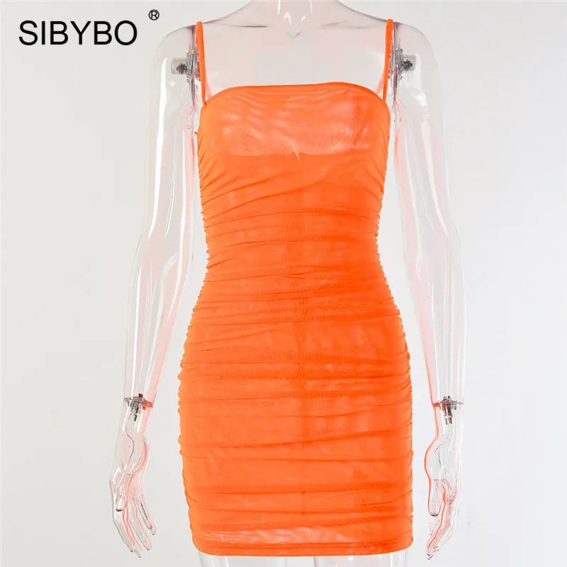 Оранжевый Sibybo, Сетчатое летнее платье без бретелек, женское, без рукавов, на тонких бретелях, сексуальное, мини-платье, с открытой спиной, Пляжное, вечернее платье, короткое - Цвет: Оранжевый