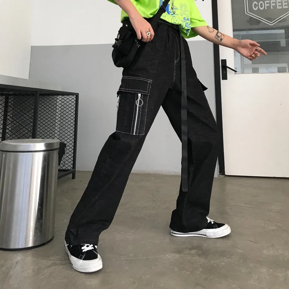 Осенние новые корейские vingate Harajuku уличные товары джинсы свободные с высокой талией Прямые брюки шикарный Досуг mopping хип-хоп женские брюки