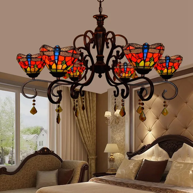 Тиффани барокко красный стрекоза витражный подвесной светильник E27 110 240 В