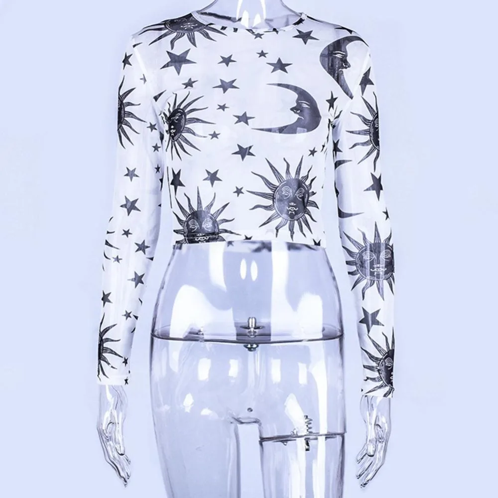 Женская полупрозрачная футболка с принтом Повседневная длинными рукавами и