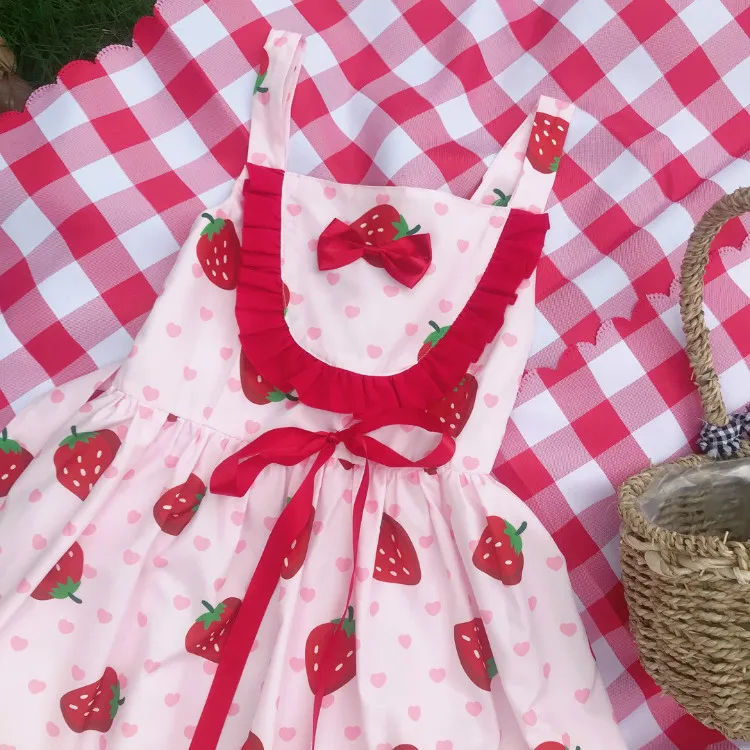 Strawberry Японское Kawaii милое платье принцессы Лолиты без рукавов с высокой талией милое клубничное Вишневое платье с принтом летнее платье Mori на девочку - Цвет: Strawberry