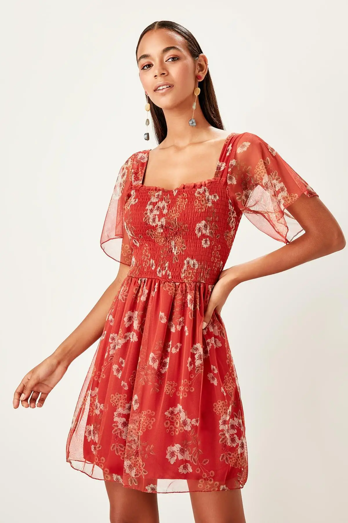 Trendyol бордовое трикотажное платье из тюля TWOSS19OS0130 | Женская одежда