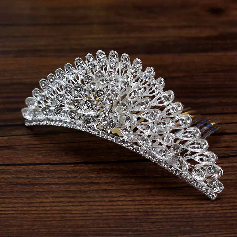 peacock comb Роскошное прозрачное Кристальное Павлин пышная свадебная корона с расческой со стразами украшение для волос Тиара \ для женщин аксессуары для волос - Окраска металла: peacock comb
