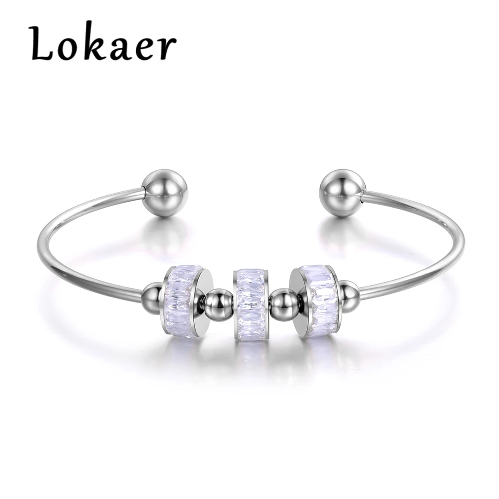 Silver White Lokaer Романтический нержавеющая сталь черный и белый кубический цирконий манжеты браслеты для влюбленных ювелирные изделия для женщин подарок B18191 - Окраска металла: Silver White