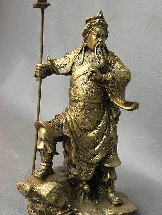 9 китайская латунь шагнула на камень воин Бог Гуань Гонг Ю дракон меч статуя | Дом