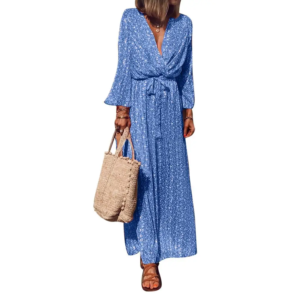 Женское богемное Платье макси с цветочным принтом глубоким v-образным вырезом и