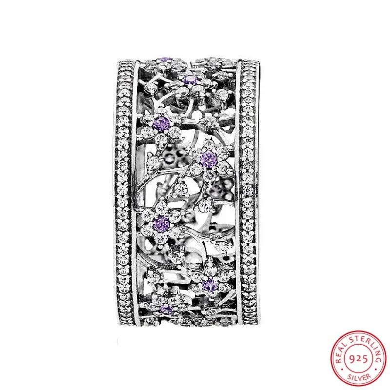 Фиолетовые и прозрачные CZ сложные Docoration Petite Forget-Me-Not цветы широкие кольца для женщин 925 пробы серебряные украшения FLR084