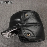 siloqin mens winter hats genuine leather plus velvet thick fur warm sheepskin military hat with ears windproof dads flat caps