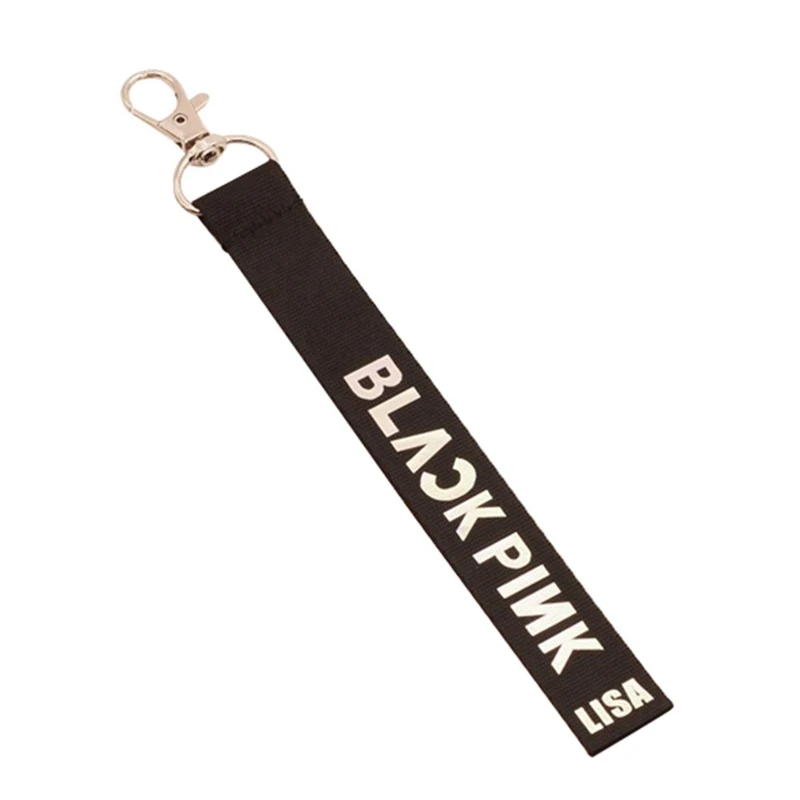KEY4010BK1 KPOP Черный Розовый брелок на ремешке Дженни Лазерная Роза ремешок для мобильного телефона Лиза JISOO аксессуары буквы ремни для мобильного телефона - Цвет: KEY4010BK1