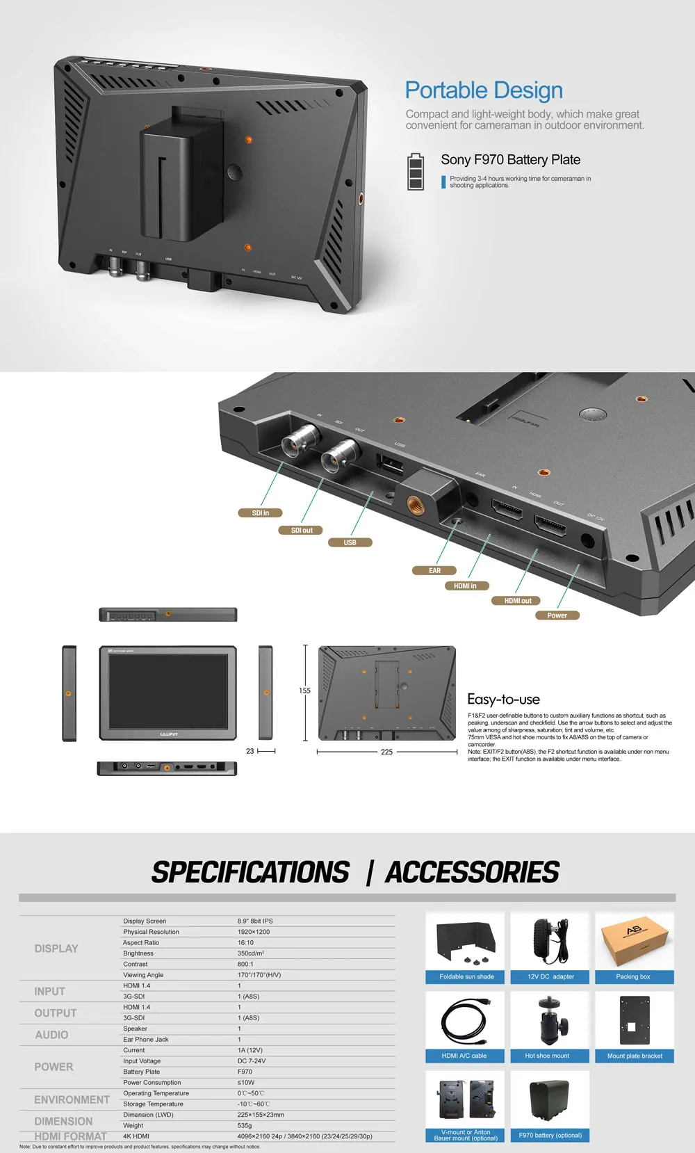Lilliput A8S 8,9 дюймов Utra тонкий FHD ips 3G-SDI HDMI 3D-LUT накамерный видео полевой монитор для DSLR камеры видео