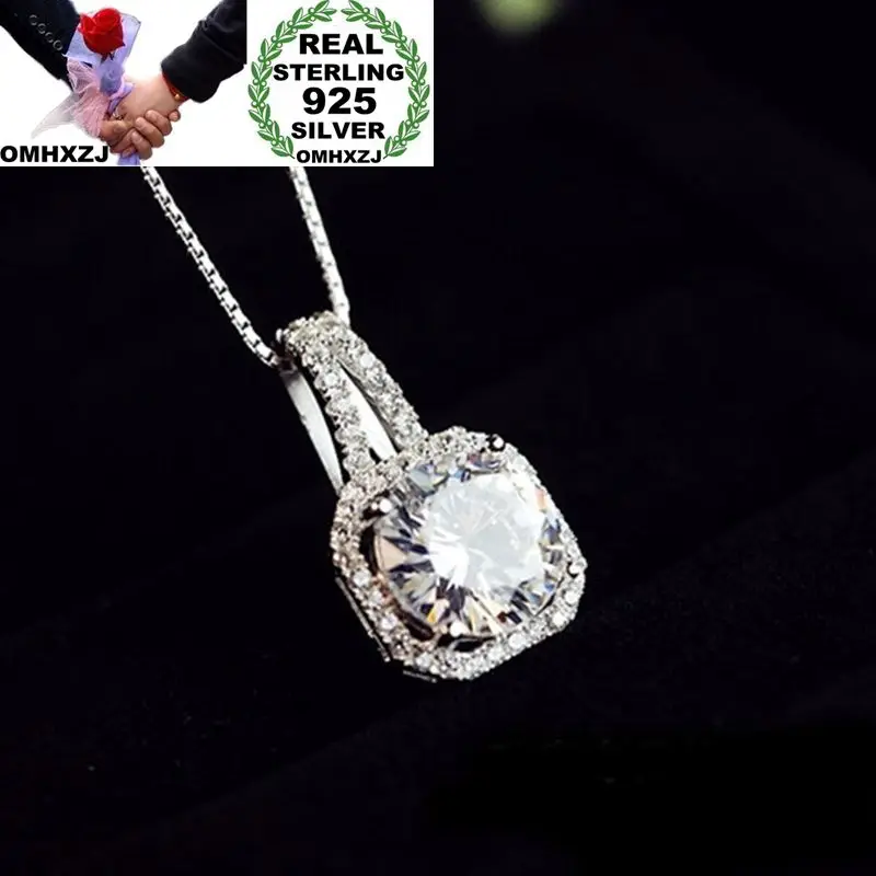 

OMHXZJ Wholesale Personality Fashion OL Woman Girl Gift White Square AAA Zircon 925 Sterling Silver Charm Pendant Necklace CH82