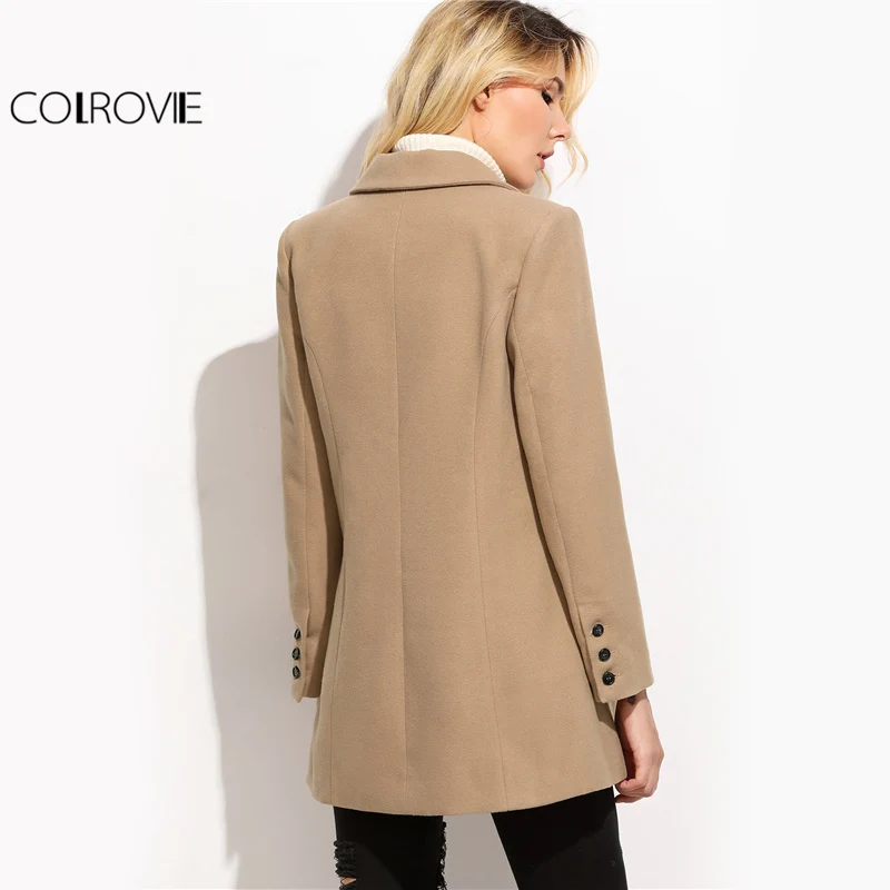 COLROVIE Camel, двубортное зимнее пальто, женское, элегантное, короткое, с отворотом, с длинным рукавом, пальто, осень, с прорезным карманом, винтажное, теплое пальто