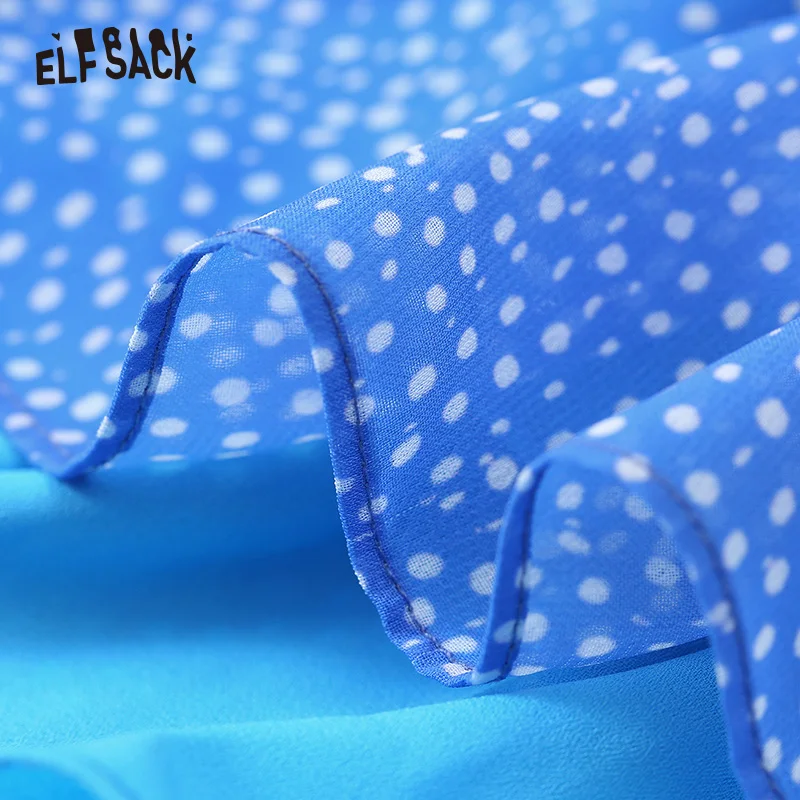 ELF SACK/Женские винтажные платья в синюю точку модные с круглым вырезом и длинным