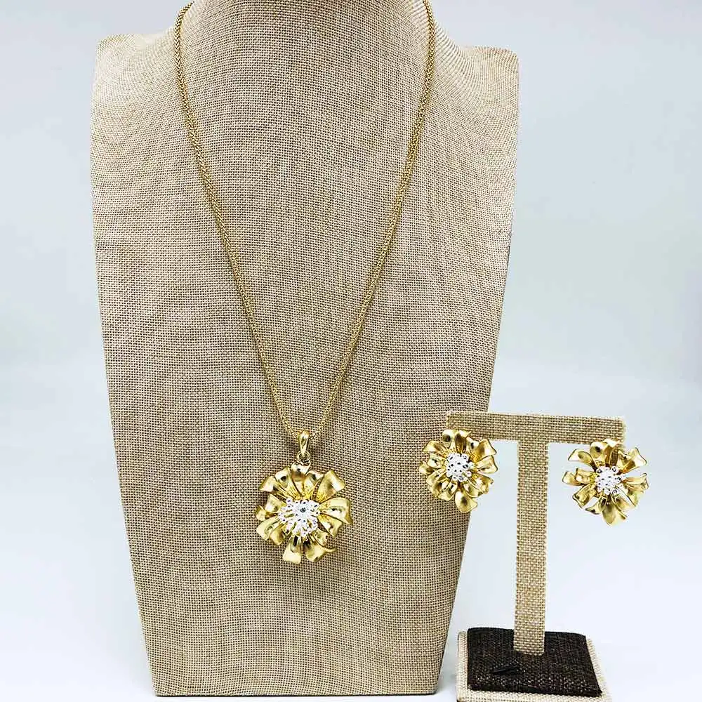 Viennois Rose Gold& Gold Color Stud Earrings Rhinestone Flower Pendent Necklace Set For Women Metal Party Jewelry Set - Окраска металла: Gold Color