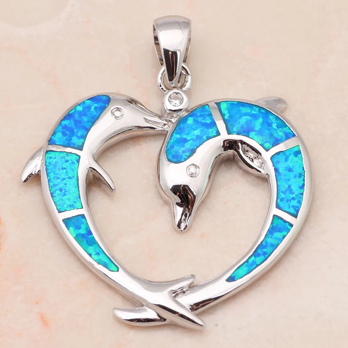 Pendientes Два дельфина Дизайнер Синий огненный опал Серебро Цепочки и ожерелья