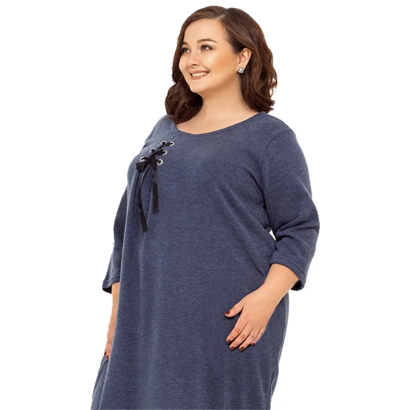 5XL 6XL осенне-зимнее свободное Повседневное платье длиной до колена размера плюс, женская одежда, однотонные платья больших размеров синего и темно-синего цвета Vestidos