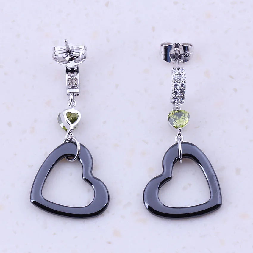 Lovely Heart Black Ceramic &amp Green Created Emeridot Silver Color Drop Dangle Earrings For Women Trendy Jewelry B0069 | Украшения и