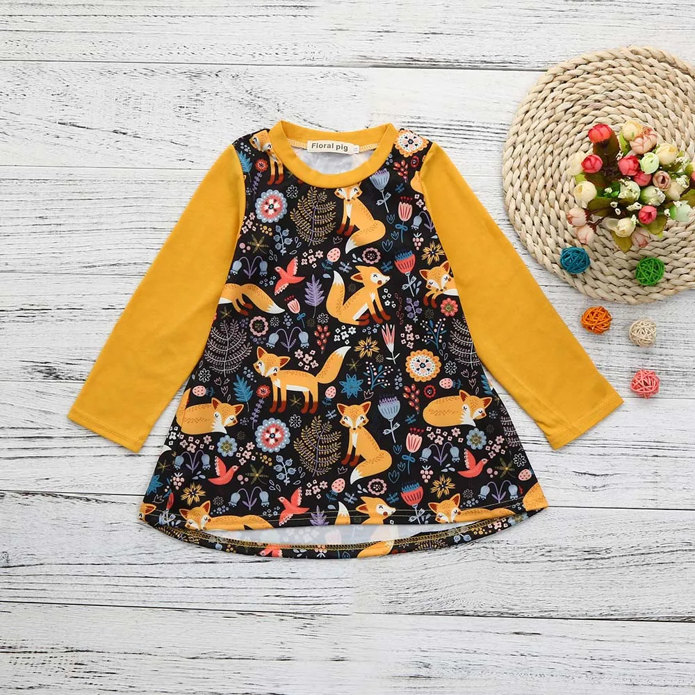 2019 Cute New Warm in autumn and winter Toddler Kids Baby Girls Cartoon Fox Print Sun Dress Clothes Outfits Fashion For 12M-5Y | Детская