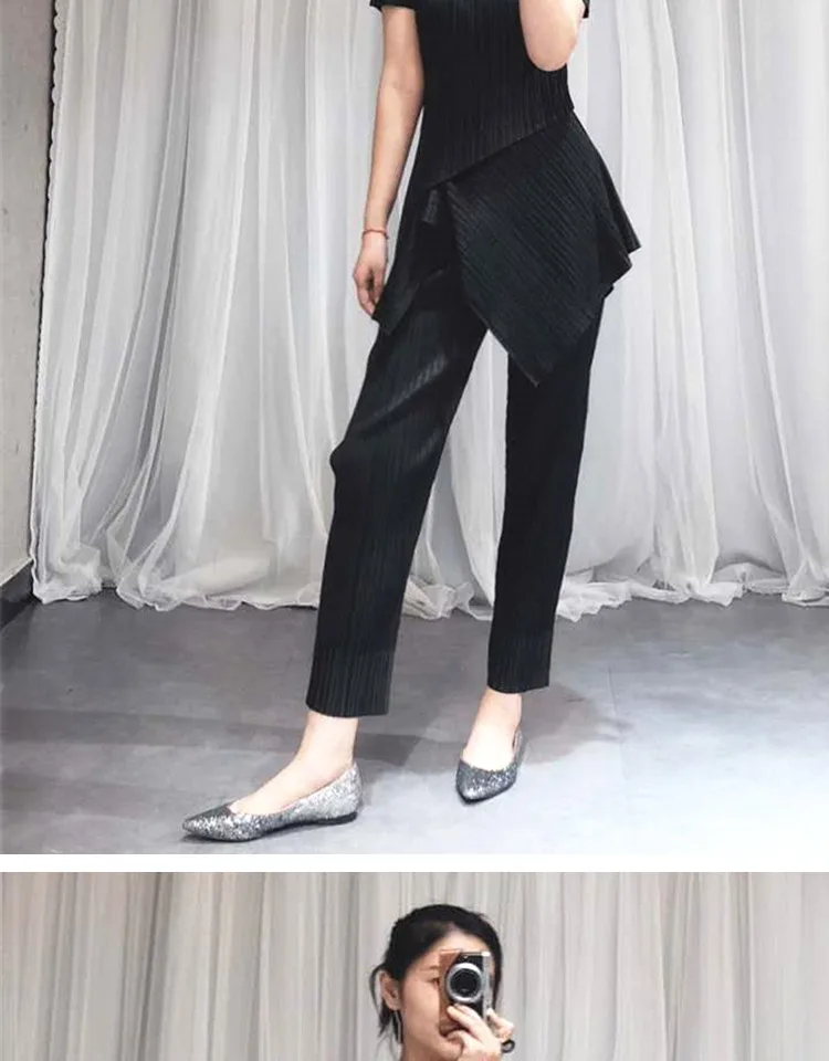 Changpleat летний женский комплект из двух предметов Miyak плиссированные модные однотонные футболки с круглым вырезом и штаны большие эластичные женские костюмы S9