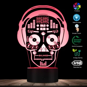 3D светодиодный иллюстрационный арт DJ скелет наушники звуковой миксер ночное освещение музыка череп тату наушники светодиодные лампы Декор настольная лампа