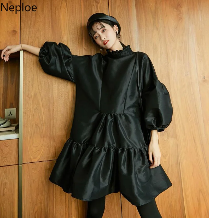 Nepole Puff Sleeve Casual Loose Rufffls Solid Dress 2019 Spring Summer Fashion Ruched Jupe Modis Sweet Girl Black Vestido 80065 | Женская