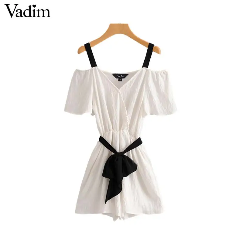 Vadim women sweet V neck backless palysuits elastic waist off shoulder design sashes female casual summer wear jumpsuits KB018 | Женская