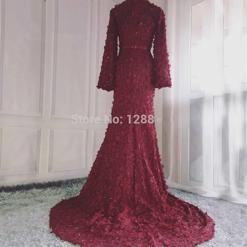 

Burgundy Muslim Evening Dresses A-ine Long Sleeves Lace Beaded Long Islamic Dubai Saudi Arabic Long Formal Evening Gown