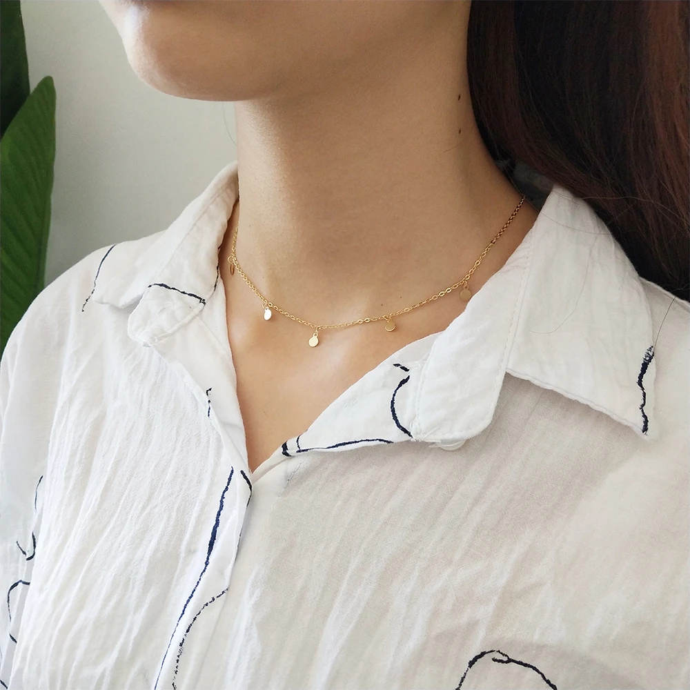 

DAIWUJAN Real 925 Sterling Silver Minimalist Round Wafer Choker Necklace For Women Korean Gold Color Trendy Simple Jewelry Gift