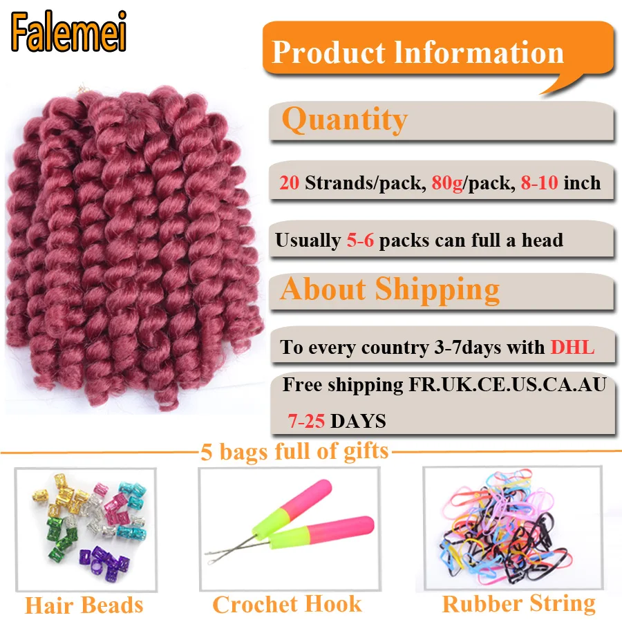 Искусственные волосы FALEMEI 8 10 дюймов 80 Jamaican Bounce вязаные крючком волшебная палочка