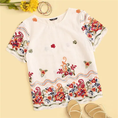Белый SHEIN белая блузка с цветочной вышивкой, Женские топы и блузки, Boho, хлопковая блуза с круглым вырезом и коротким рукавом,, женские топы - Цвет: Белый
