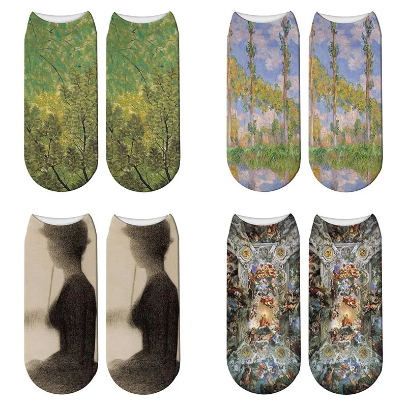 

New 3D Printed Landscape Painting Socks Summer Women Van Gogh Ink Painting Short Ankle Socks Chaussette Calcetines Mujer