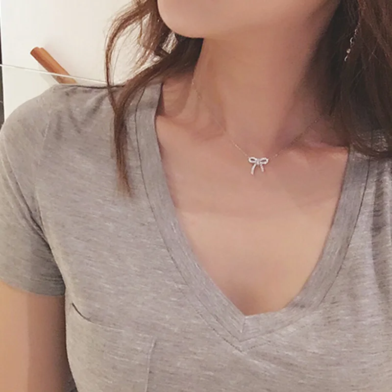 Серебро 925 Изящные Цепочки и ожерелья Jewelry Кристалл Rhinestone крошечный сладкий лук