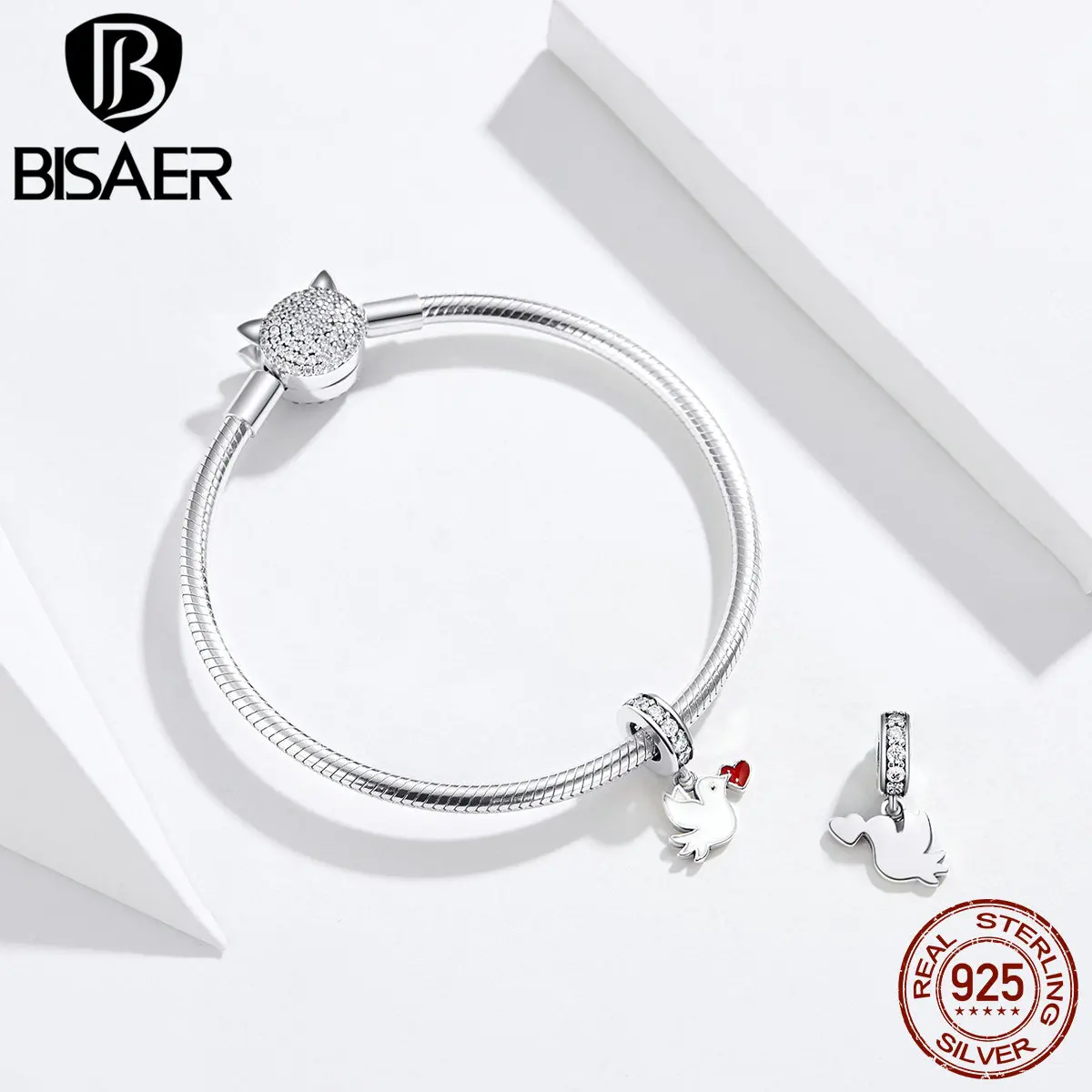 BISAER подвески для любви, 925 пробы, серебро, романтическая любовь, мессенджер, птица, бусины, белая эмаль, Подвески, подходят для оригинальных браслетов DIY ECC1227