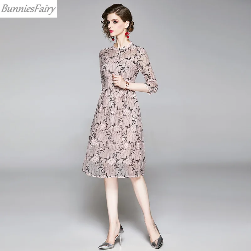 BunniesFairy 2019 осеннее уличное женское элегантное Кружевное платье миди с цветочной