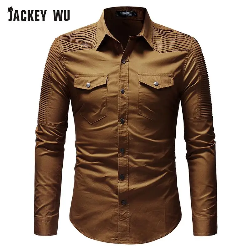 Khaki Бренд JACKEYWU, джинсовая рубашка для мужчин, мода, плиссированные джинсовые рубашки на плече, повседневные, с длинным рукавом, нагрудный карман, Camisas, хип-хоп - Цвет: Khaki