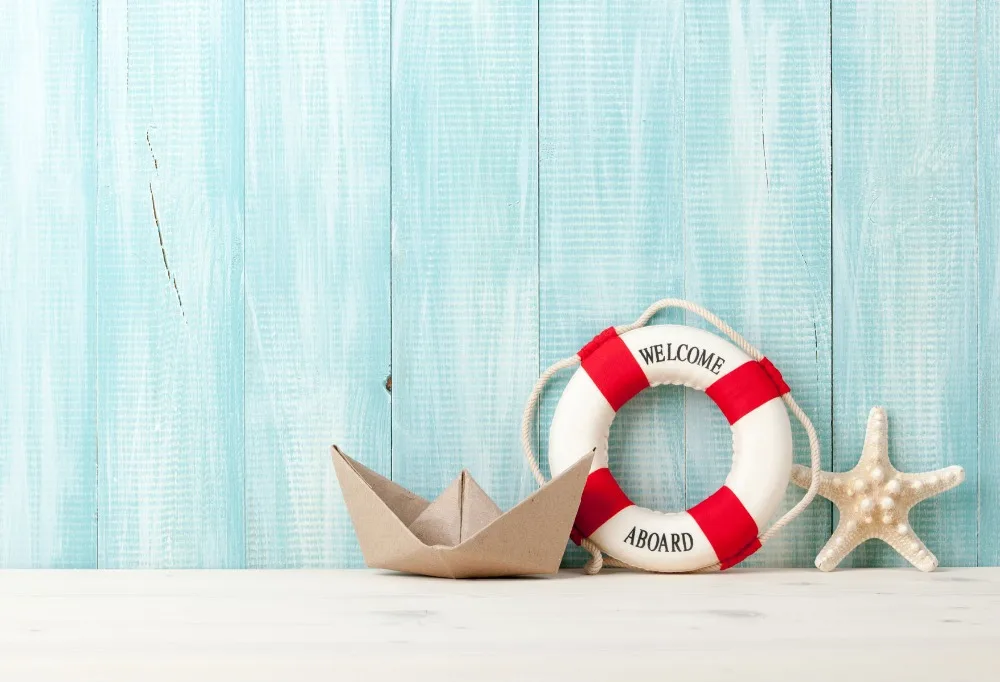 

VinylBDS Light Blue Wooden Board Backdrops Paper Boat Lifebuoy Starfish Decoration Children Summer Photo Props for Photo Studio