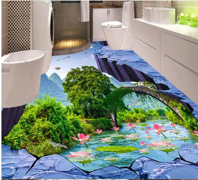 3D Flooring Flying bird stream lotus Wallpaper For Walls 3 D Living room Bathroom Floor Tiles PVC Waterproof | Обустройство дома