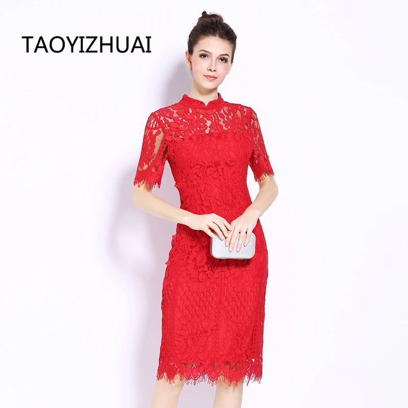 TAOYIZHUAI новое летнее платье размера плюс до колена с цветочным принтом, праздничное женское кружевное платье в китайском стиле 11582