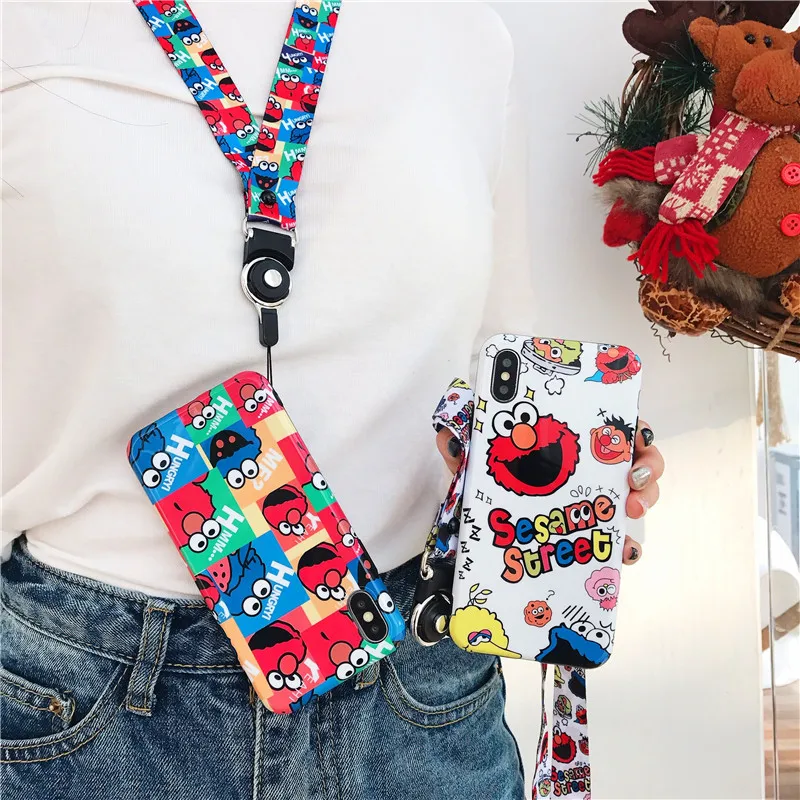 Cute Cartoon Sesame Street Cookie Elmo Phone Case For iPhone X XS Max XR 6 Puls 7 8Puls Cases Soft IMD Silicon Back Cover+rope |
