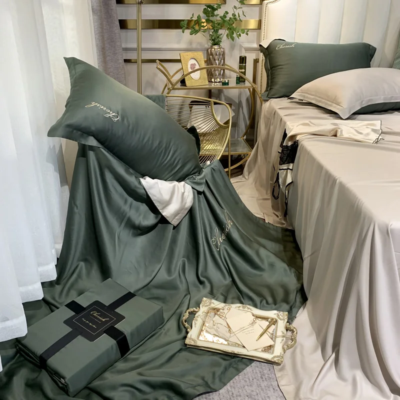 Белый фиолетовый розовый серый роскошный удобный 100S Tencel Шелковый набор постельного белья с вышивкой пододеяльник кровать застежки для простыни льняной чехол для подушки
