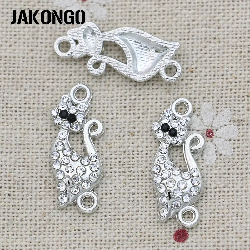 Посеребренный соединитель JAKONGO в виде кошки с кристаллами для изготовления