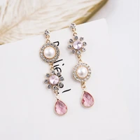 new asymmetry rhinestone flower charm simulated pearl earrings for women long water drop crystal dangle earring jewelry 6a3001