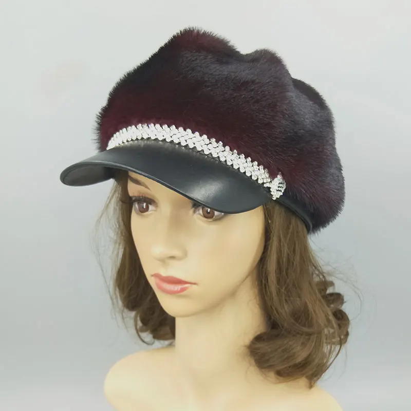 Wine Red Норковые меховые шапки женские из натурального меха норки Козырьки из овечьей кожи аксессуары со стразами Женская мода Натуральная меховая шапка крутая - Цвет: Wine Red