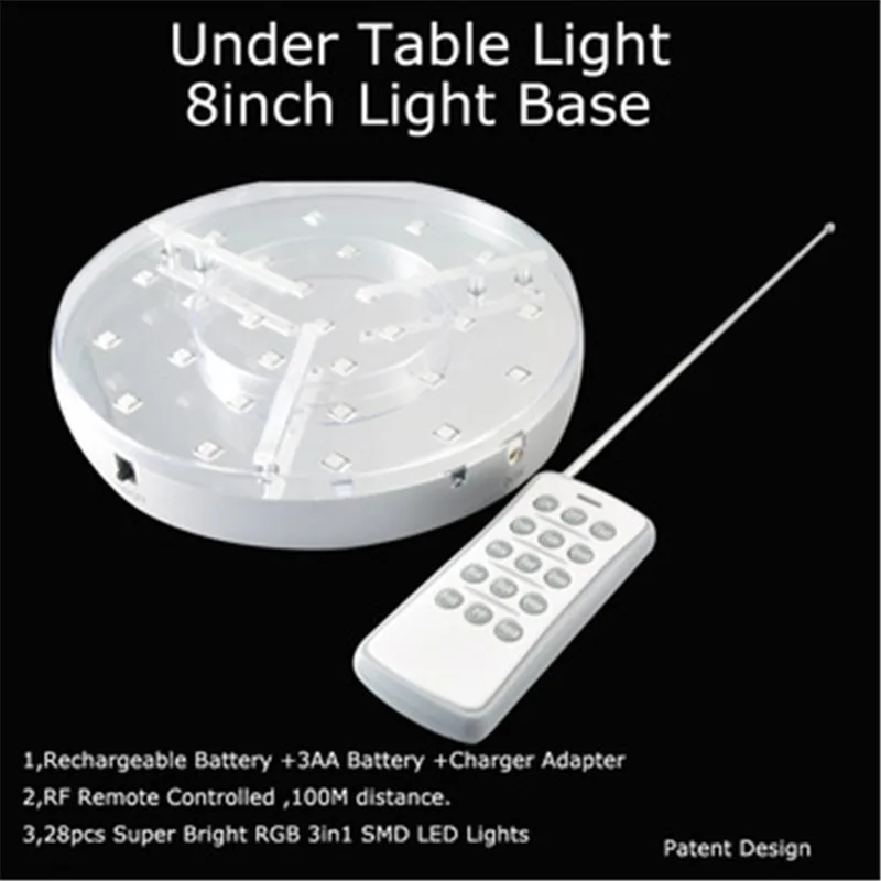 (2 Pieces/Lot) Rechargeable Battery Operated 8 Inch Centerpiece LED Light Under Table Decorations with Adapter + RF Remote