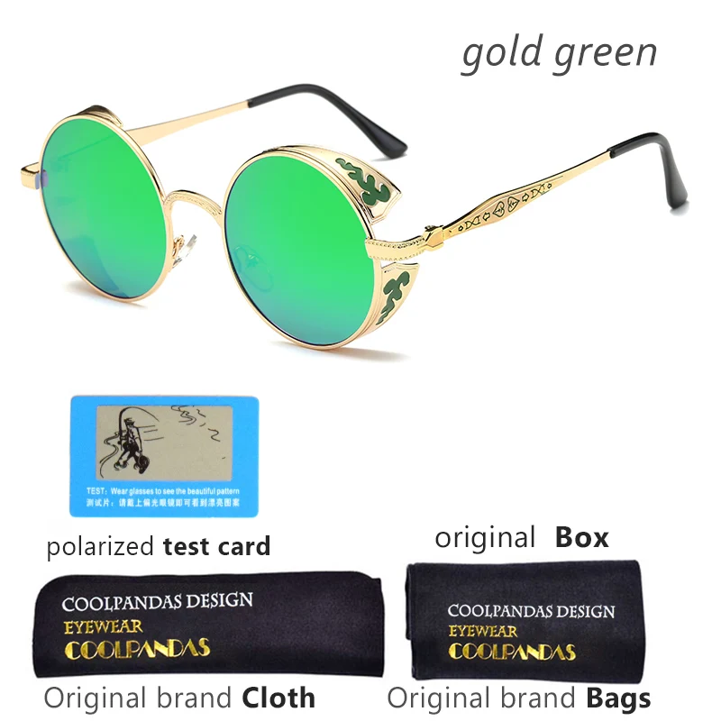 N-gold green COOLPANDAS унисекс поляризационные готические солнцезащитные очки в стиле стимпанк для мужчин женщин зеркало с покрытием круглый защита от солнца винтажные Ретро очки Gafas Masculino - Цвет линз: N-gold green