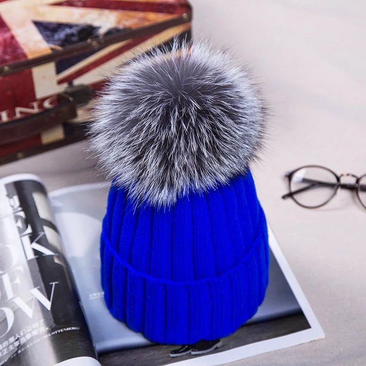 Royal blue Новинка модные осень-зима Для женщин Кепки лиса Мех животных мяч шляпа Пипидастр 15 см Кепки женские теплые шапочки крючком вязать шапочки Шапки кепки s - Цвет: Royal blue