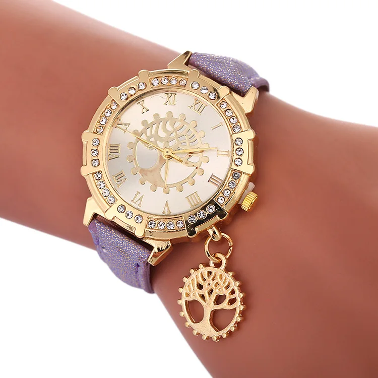 Purple Color Роскошные женские часы, модные, элегантные, с бриллиантами, дерево жизни, женские часы, повседневные, кварцевые часы, новинка, женские часы, Relogio Feminino - Цвет: Purple Color