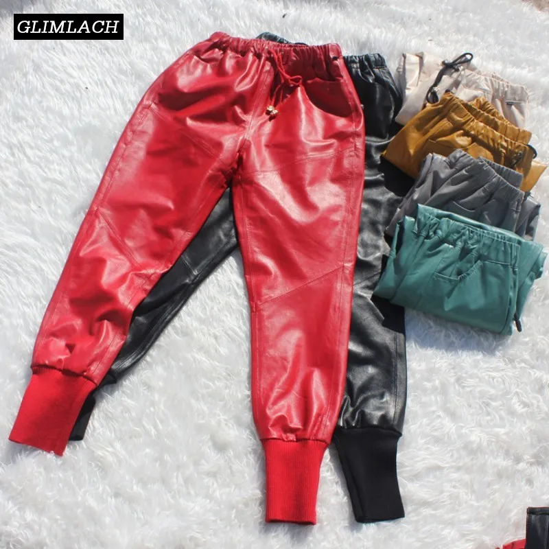 Lady Genuine Leather Pants Joggers Sheepskin Soft Real Leather Trousers Women Casual Multi Color Plus Size Harem Pants Female